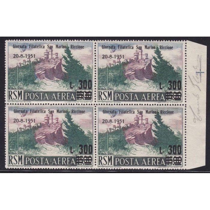 1951 SAN MARINO, Posta Aerea , n° 98 Lire 300 su 500 verde e lilla bruno MNH** QUARTINA