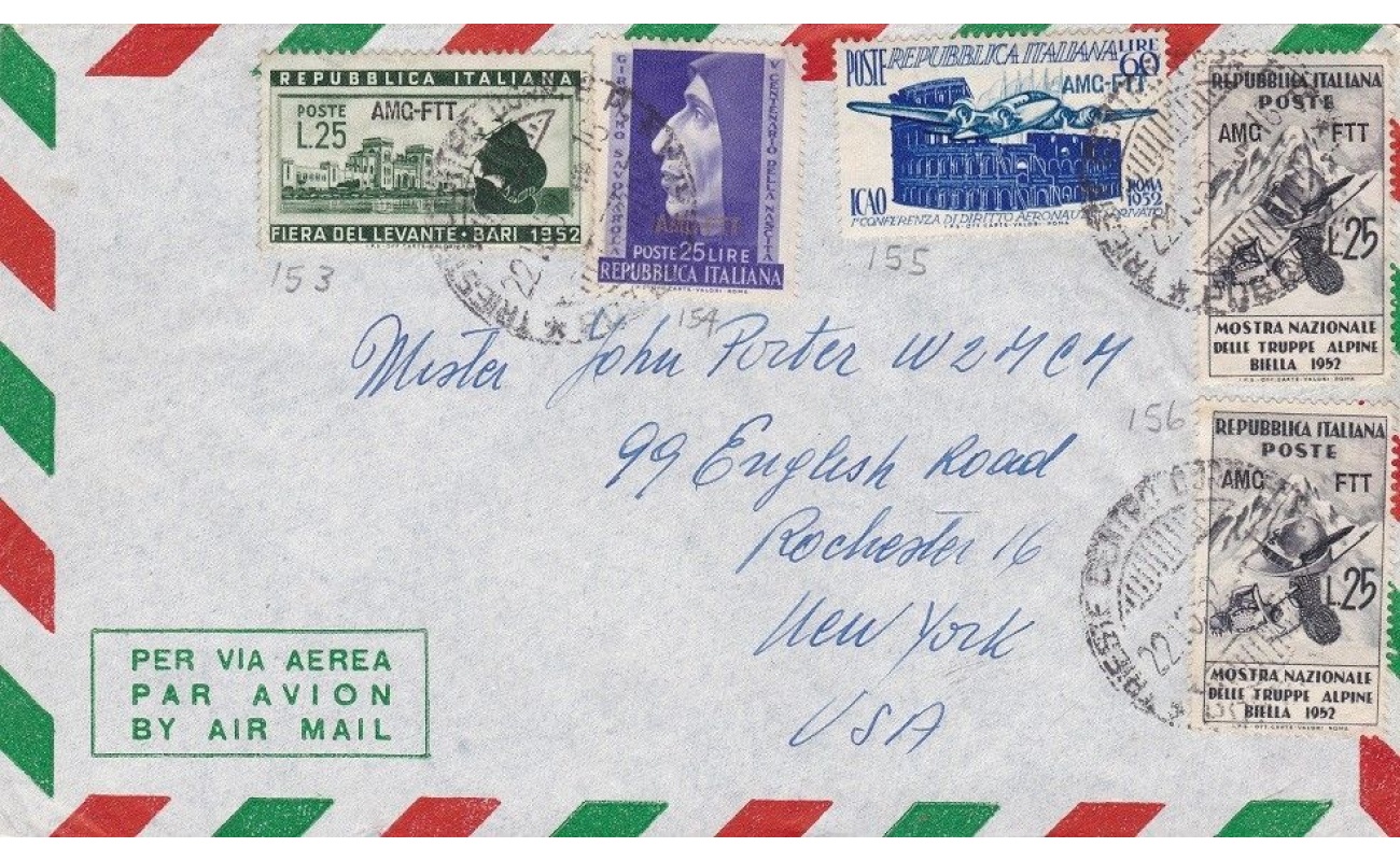 1952 TRIESTE A - Affrancatura multipla su Lettera via aerea per l'estero