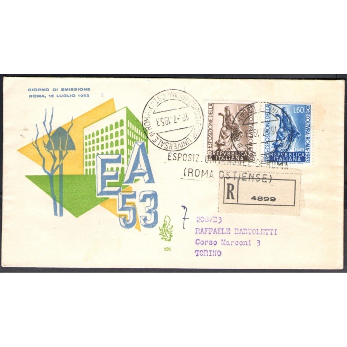 1953 REPUBBLICA "Venetia Club" Agricoltura raccomandata viaggiata n° 191