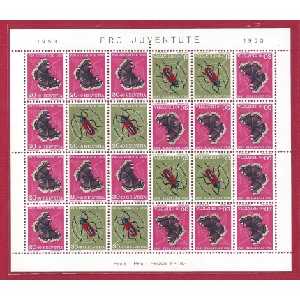 1953 SVIZZERA  - Minifoglio di 24 esemplari - Farfalle Foglietto n. 14A - MNH**