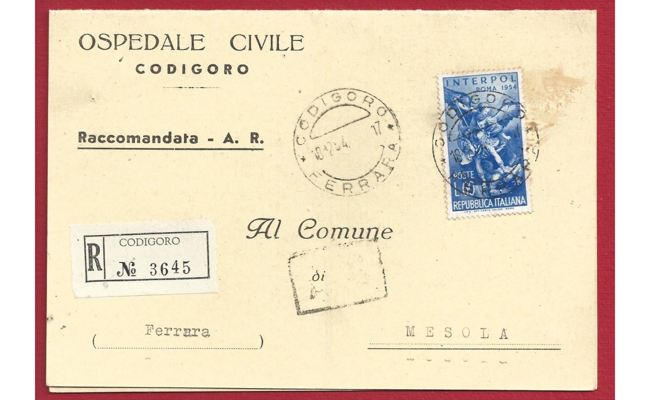 1954 Interpol n° 745 su lettera Raccomandata per Mesola (Ferrara)