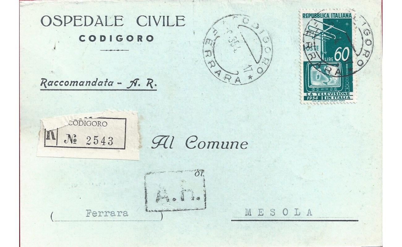 1954 REPUBBLICA, n° 736 60 lire Televisione su Manoscritto