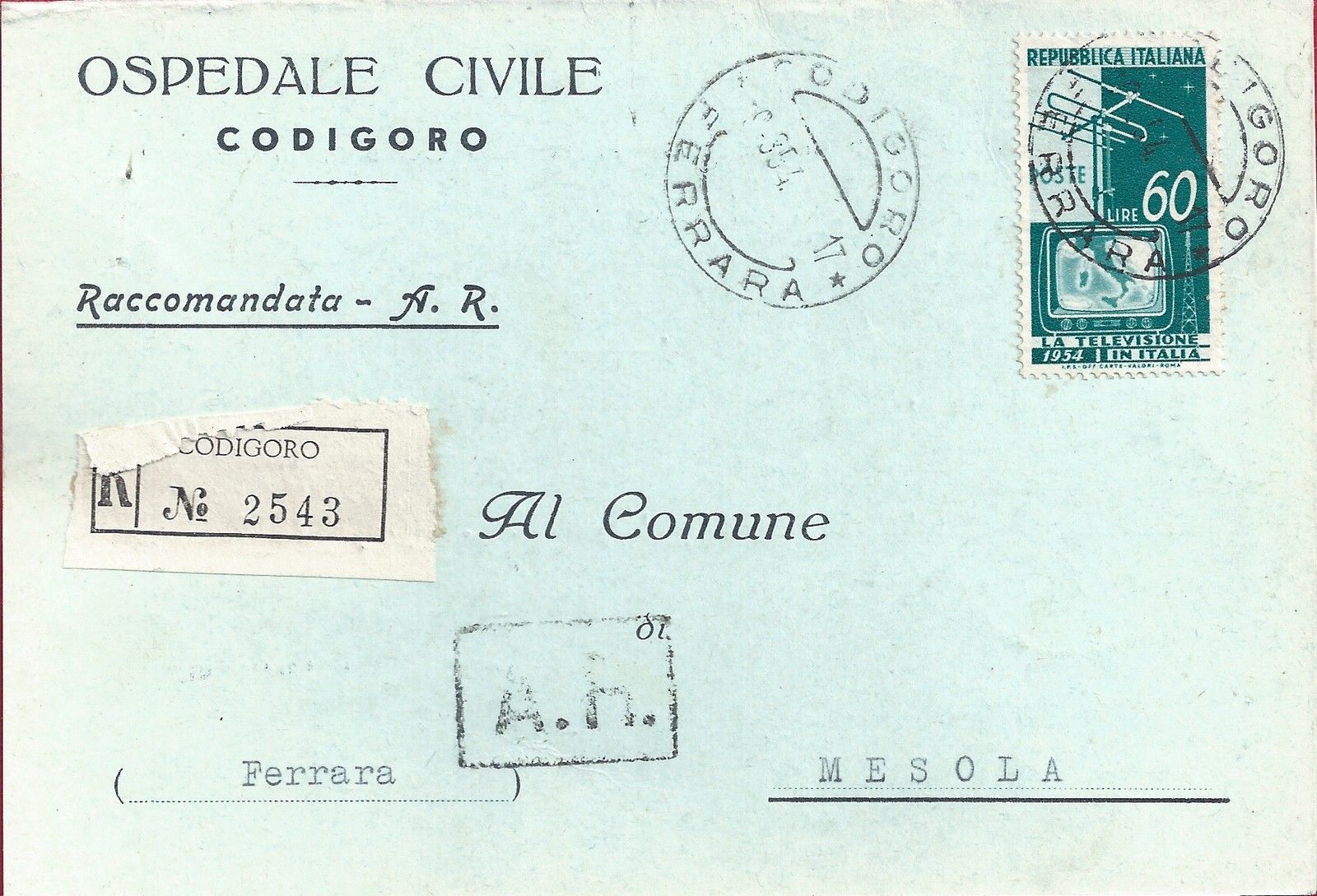 1954 REPUBBLICA, n° 736 60 lire Televisione su Manoscritto
