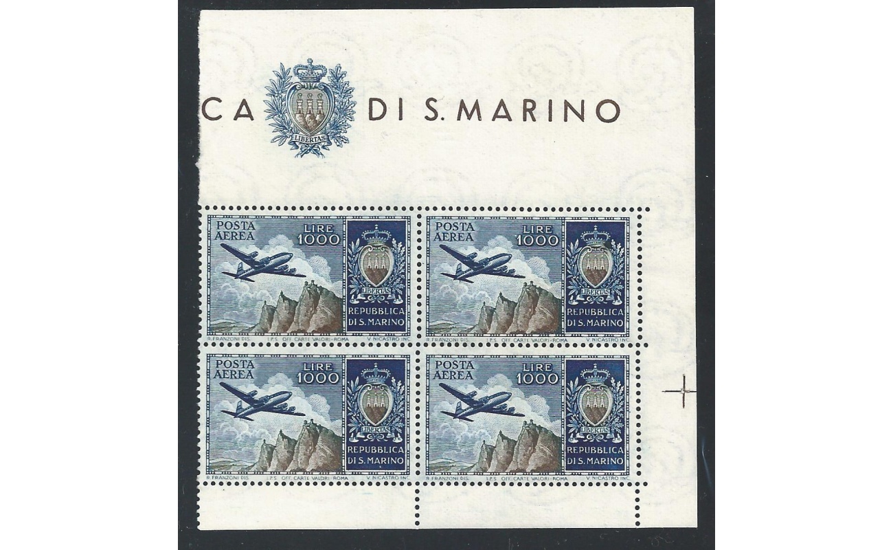 1954 SAN MARINO, Aereo e Stemma PA n° 112 Lire 1.000 azzurro e oliva MNH**  QUARTINA