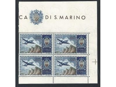 1954 SAN MARINO, Aereo e Stemma PA n° 112 Lire 1.000 azzurro e oliva MNH**  QUARTINA
