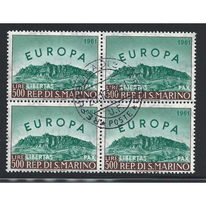 1961 SAN MARINO, n° 568  500 Lire verde e bruno  QUARTINA  Primo Giorno di Emissione