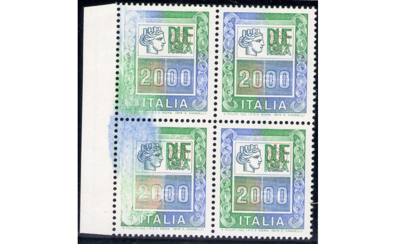 1978 Italia - Repubblica , 2000 Lire Alti Valori Quartina con Grossa Macchia , n° 1439 MNH**