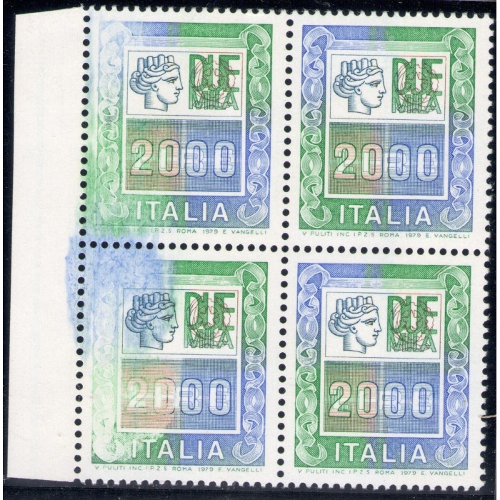 1978 Italia Repubblica 2000 Lire Alti Valori Quartina Con Grossa Macchia N° 1439 Mnh