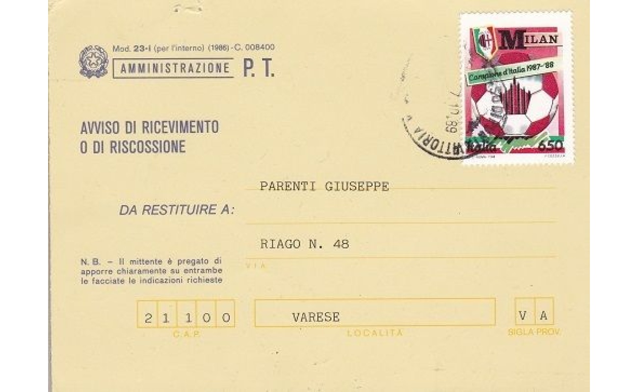1989 Italia - Repubblica , Milan Campione di Italia su AVVISO DI RICEVIMENTO