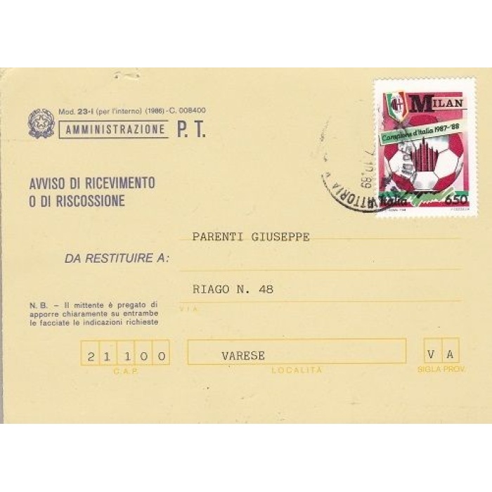 1989 Italia - Repubblica , Milan Campione di Italia su AVVISO DI RICEVIMENTO