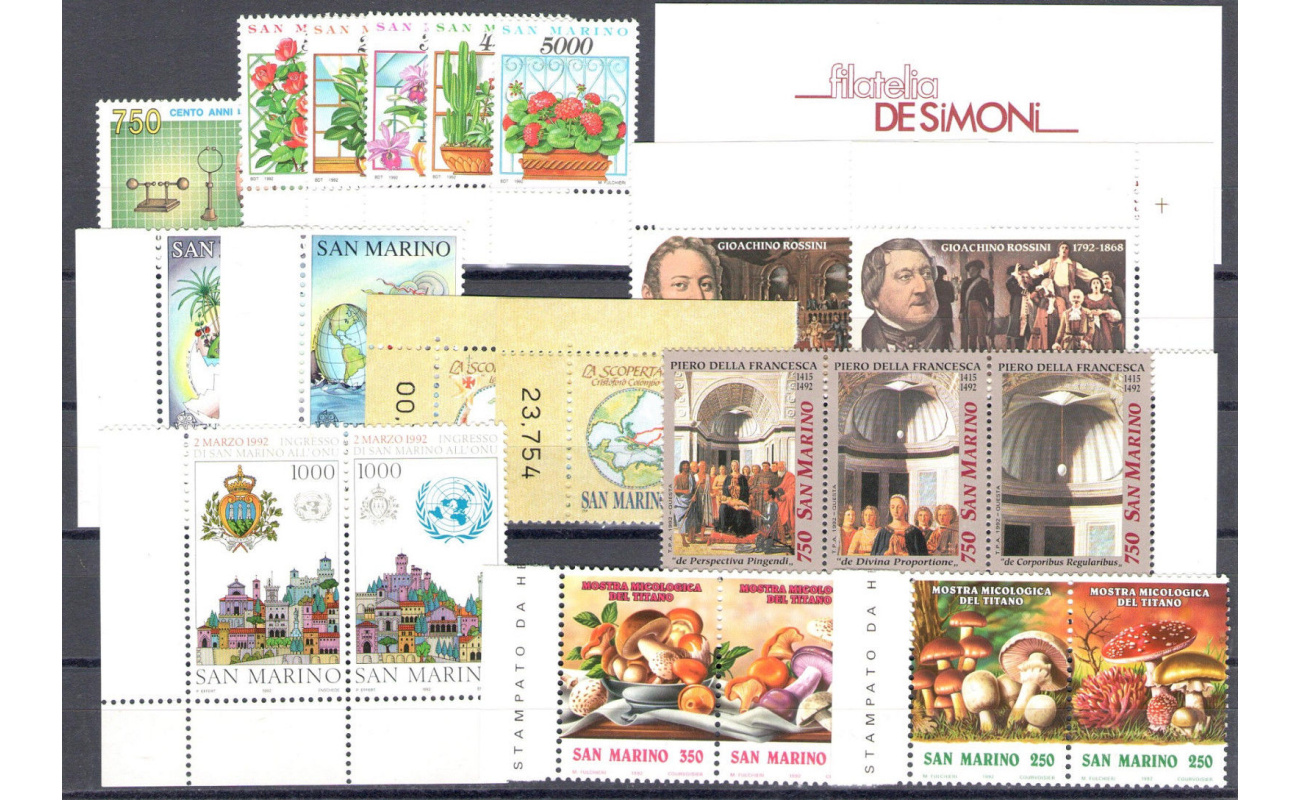 1992 San Marino, Annata Completa , francobolli nuovi , 21 valori + 1 Foglietto + 1 Libretto - MNH**