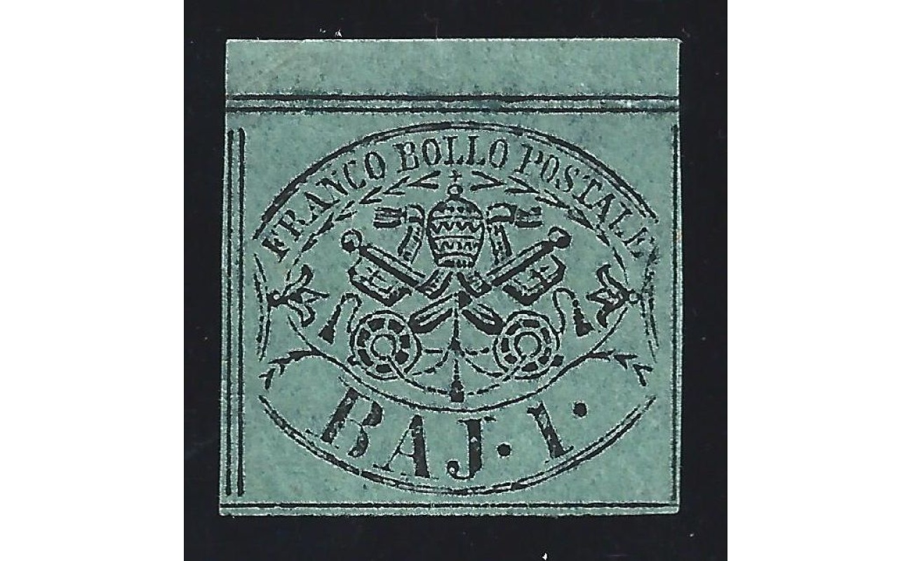 1852 Stato Pontificio, 1 baj verde grigiastro n° 2 Firma Bolaffi MNH/** BORDO DI FOGLIO