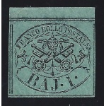 1852 Stato Pontificio, 1 baj verde grigiastro n° 2 Firma Bolaffi MNH/** BORDO DI FOGLIO