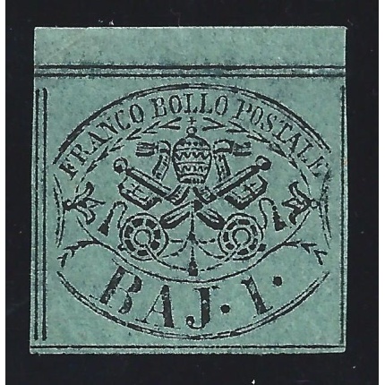 1852 Stato Pontificio, 1 baj verde grigiastro n° 2 Firma Bolaffi MNH/** BORDO DI FOGLIO