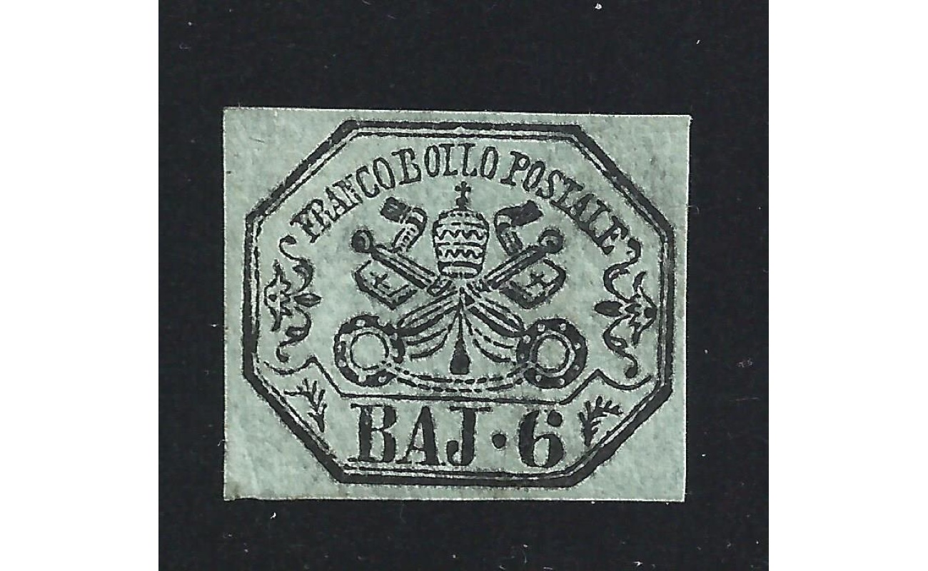 1852 Stato Pontificio, 6 baj grigio-verdastro n° 7 Firma Bolaffi MLH*