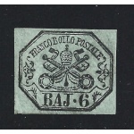 1852 Stato Pontificio, 6 baj grigio-verdastro n° 7 Firma Bolaffi MLH*