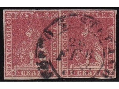 1857 TOSCANA, n° 12a 1 cr. carminio chiaro  COPPIA USATA  Sigla A.Diena - Colla