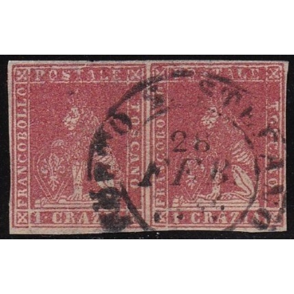 1857 TOSCANA, n° 12a 1 cr. carminio chiaro  COPPIA USATA  Sigla A.Diena - Colla