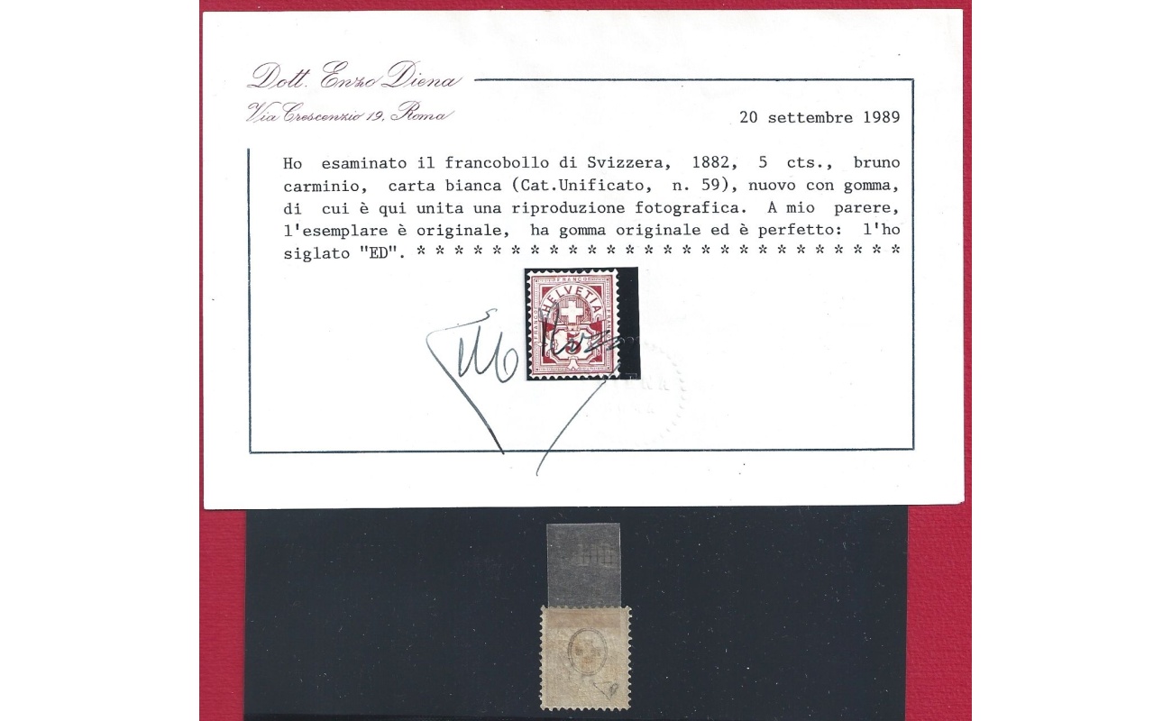 1882 SVIZZERA, n° 59 , 5 cent bruno carminio,  MLH* Certificato E.Diena