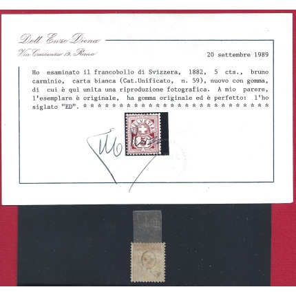 1882 SVIZZERA, n° 59 , 5 cent bruno carminio,  MLH* Certificato E.Diena