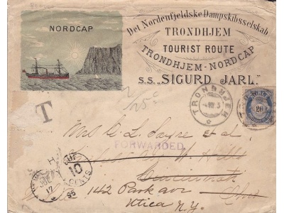 1895 NORVEGIA, busta privata illustrata della rotta turistica per CAPO NORD-Spedizioni Polari