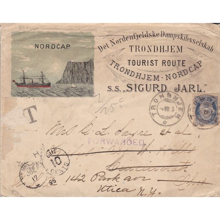 1895 NORVEGIA, busta privata illustrata della rotta turistica per CAPO NORD-Spedizioni Polari