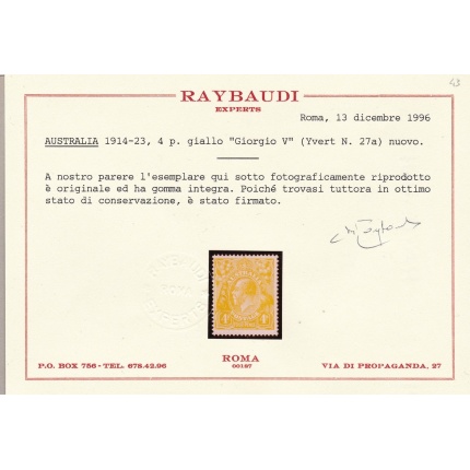1915 AUSTRALIA - Yvert 27a  4d. giallo  MNH/** Certificato Raybaudi