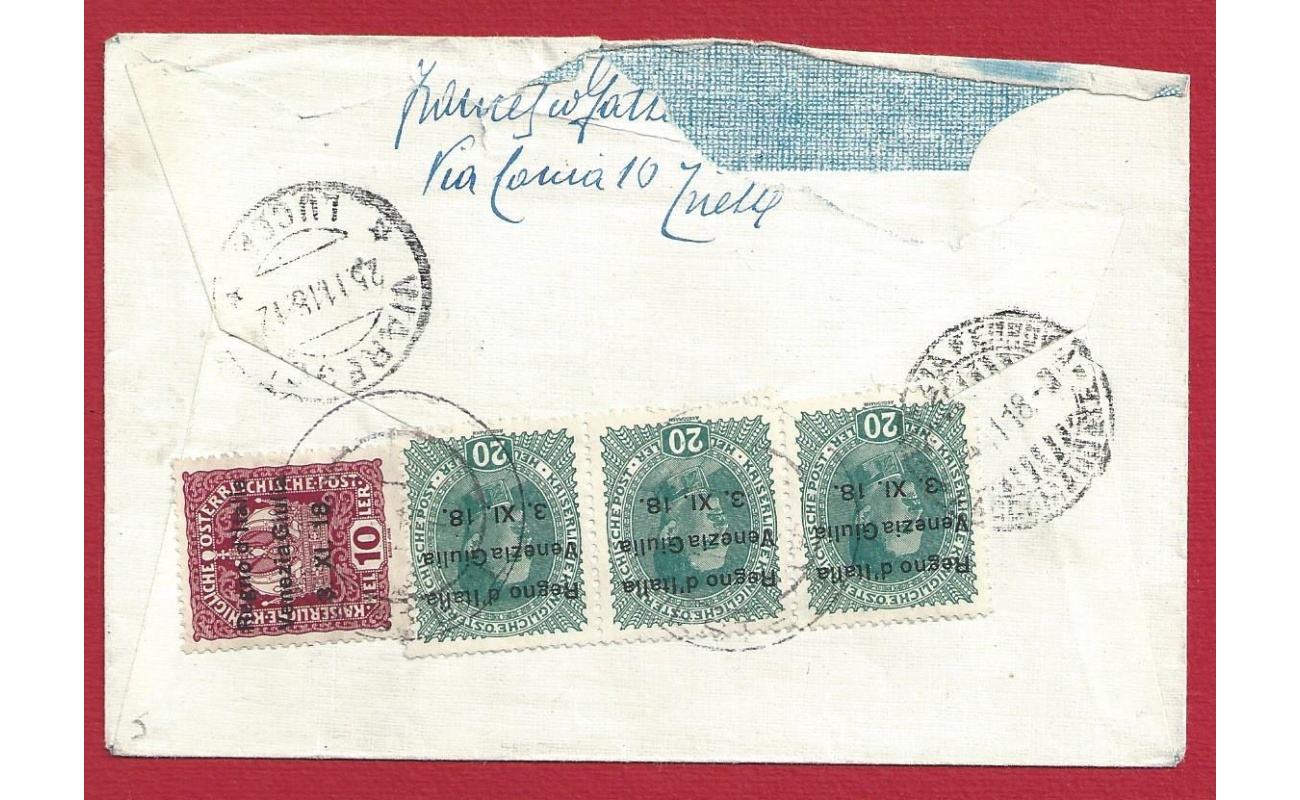 1918 Venezia Giulia, n° 4+7 striscia di 3 su lettera Raccomandata Espresso