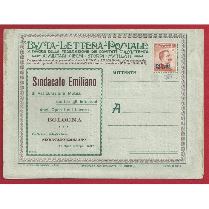 1921 REGNO, BLP n° 2  20 cent. arancio BUSTA SPECIALE NUOVA - COMPLETA