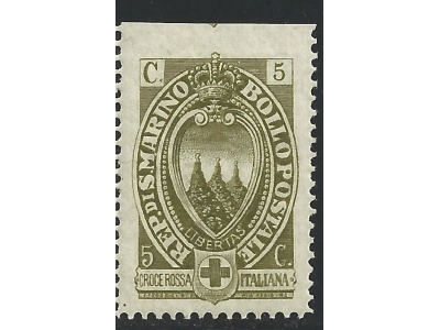 1923 SAN MARINO, n° 90  5c.+5c. oliva chiaro MNH/** RARA VARIETA'