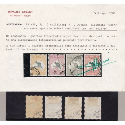 1932-35 AUSTRALIA, SG n° 134/137 4 valori  USED  Certificato Sorani