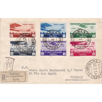 1933 LIBIA, Posta Aerea n° 8/13 - 7a Fiera di Tripoli la serie su lettera viaggiata