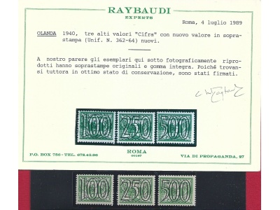 1940 Olanda -  n. 362/364  - Cifra alti valori - MNH** Certificato  Raybaudi