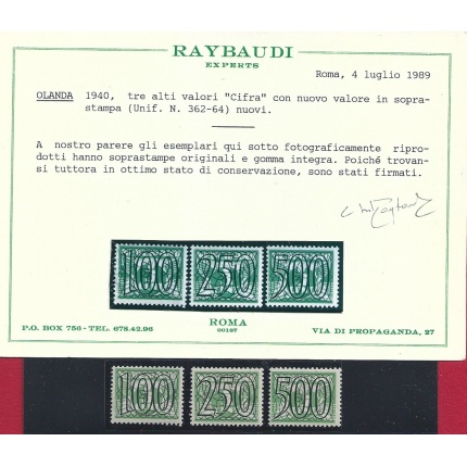 1940 Olanda -  n. 362/364  - Cifra alti valori - MNH** Certificato  Raybaudi