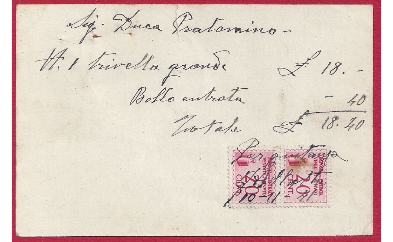 1941 REGNO, Marca per la vendita al minuto 20 cent. rosa coppia su cartoncino