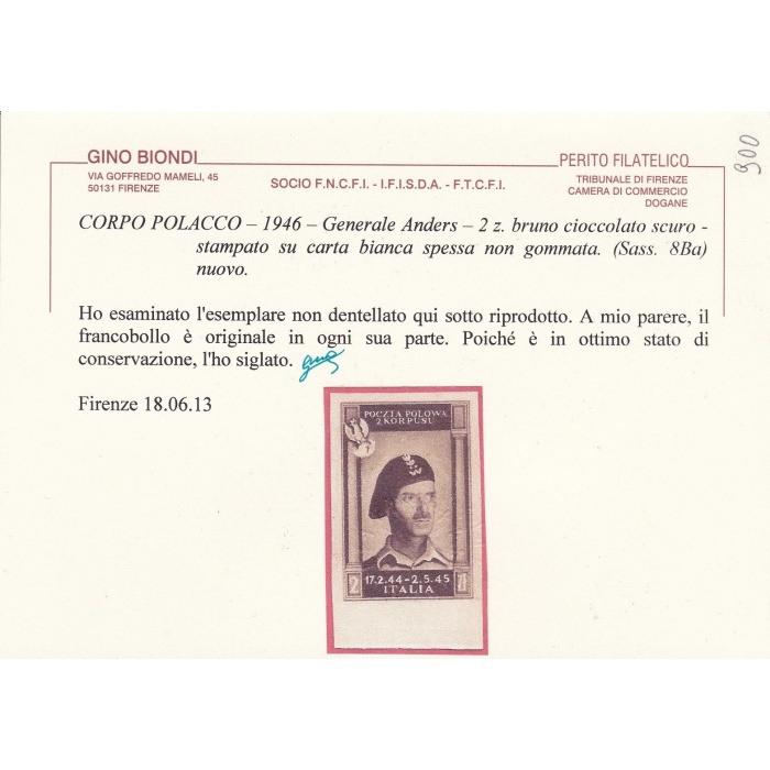 1946 CORPO POLACCO, n° 8Ba 2z. bruno cioccolato scuro CARTA SPESSA (*)