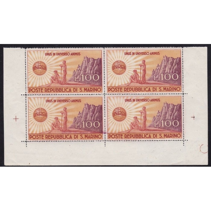 1946 SAN MARINO, n° 296  UNRRA  MNH/** QUARTINA