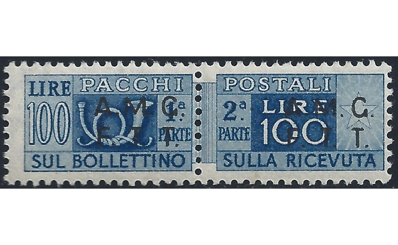 1947 TRIESTE A - 100 Lire azzurro , Sovrastampa su due righe , Pacchi Postali n° 9/I ,  MNH ** -  Certificato Biondi