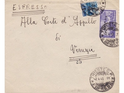 1949 TRIESTE A - n° 12 + E 5 su lettera in tariffa VIAGGIATA