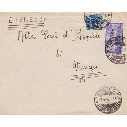 1949 TRIESTE A - n° 12 + E 5 su lettera in tariffa VIAGGIATA