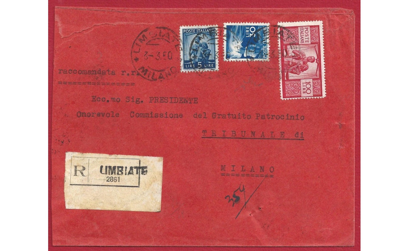 1950 Democratica, 100 + 30 + 15 Lire su lettera viaggiata per Milano