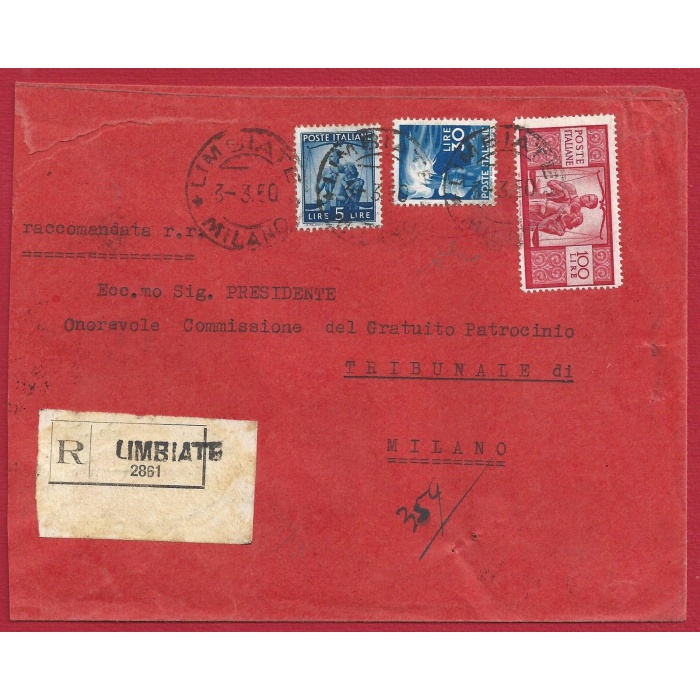 1950 Democratica, 100 + 30 + 15 Lire su lettera viaggiata per Milano