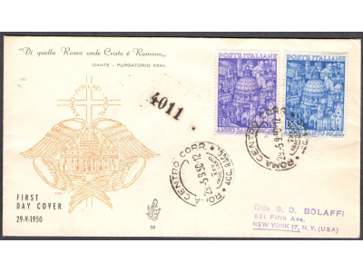 1950 REPUBBLICA  "Venetia Club" Anno Santo n° 58 viaggiata in USA con annulli