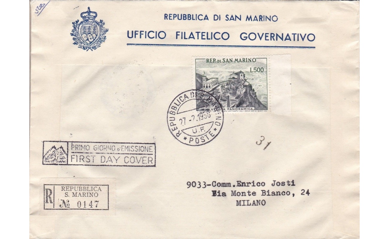 1952 SAN MARINO - n° 475 Panorama 500 Lire  su BUSTA PRIMO GIORNO