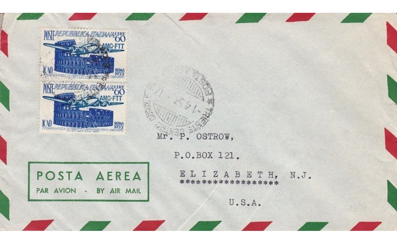 1952 TRIESTE A - n° 155 coppia su busta per gli Stati Uniti