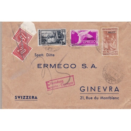1953 TRIESTE A - n° 92+ 106+ Ex 7 su lettera per la Svizzera. Annullo di arrivo.