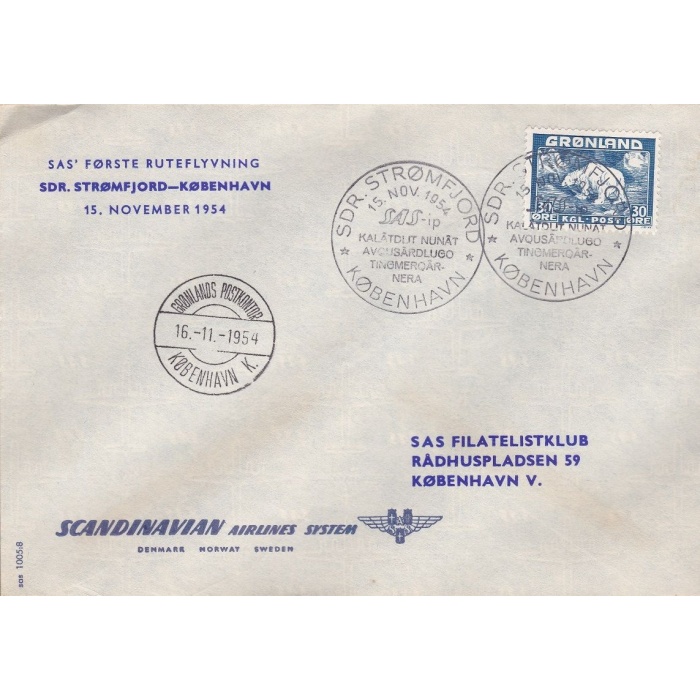1954 GROENLANDIA, Sas Volo Inaugurale STROMFJORD-COPENAGHEN