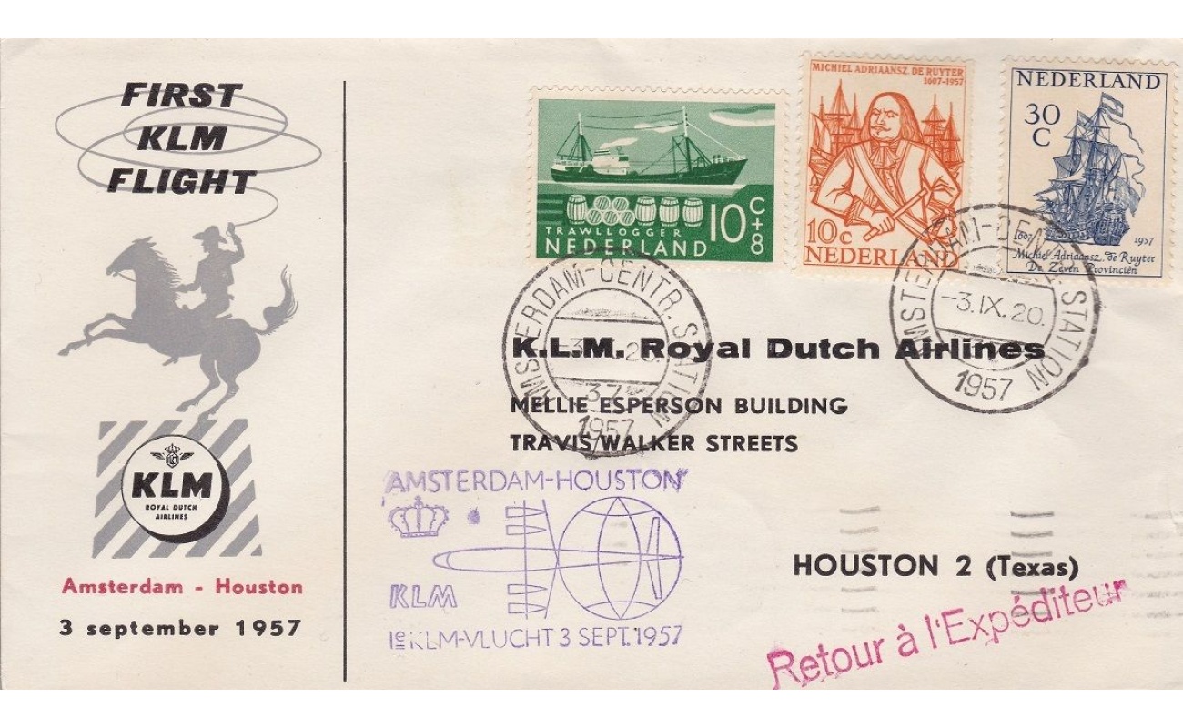 1957 OLANDA/NEDERLAND - KLM FIRST FLIGHT AMSTERDAM-HOUSTON