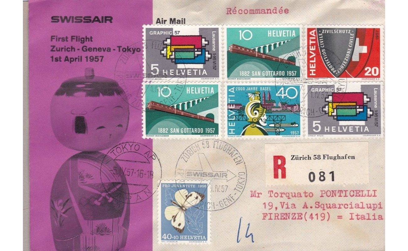 1957 SVIZZERA - SWISSAIR FIRST FLIGHT ZURICH-GENEVA-TOKYO
