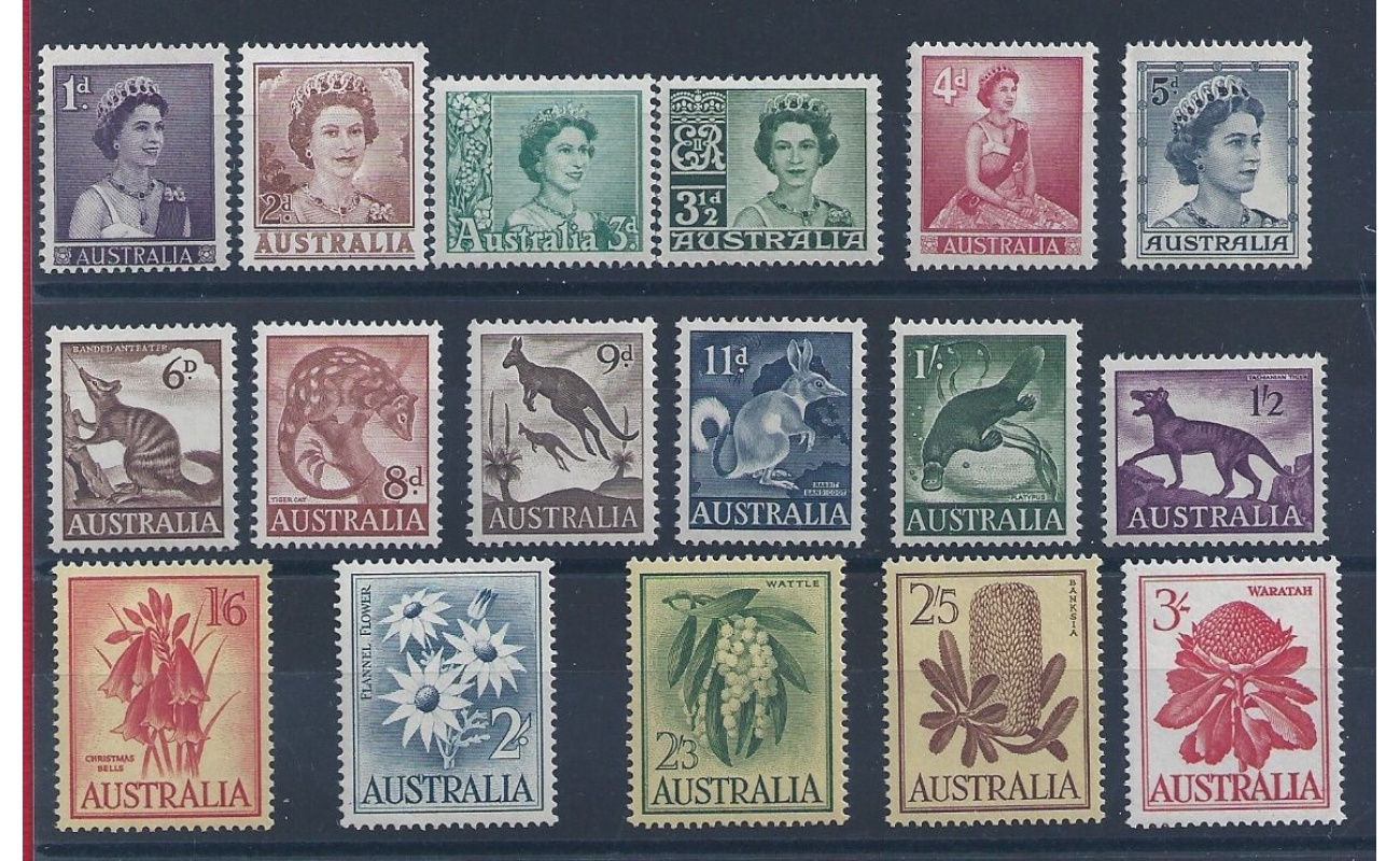 1959-62 AUSTRALIA Elisabetta animali e fiori 17 valori Yvert 249/259 MNH/**